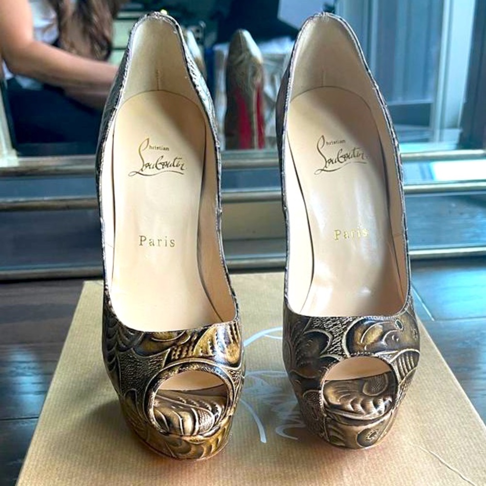 Christian Louboutin LADY PEEP 150 Santa Fe Embossed Pumps.